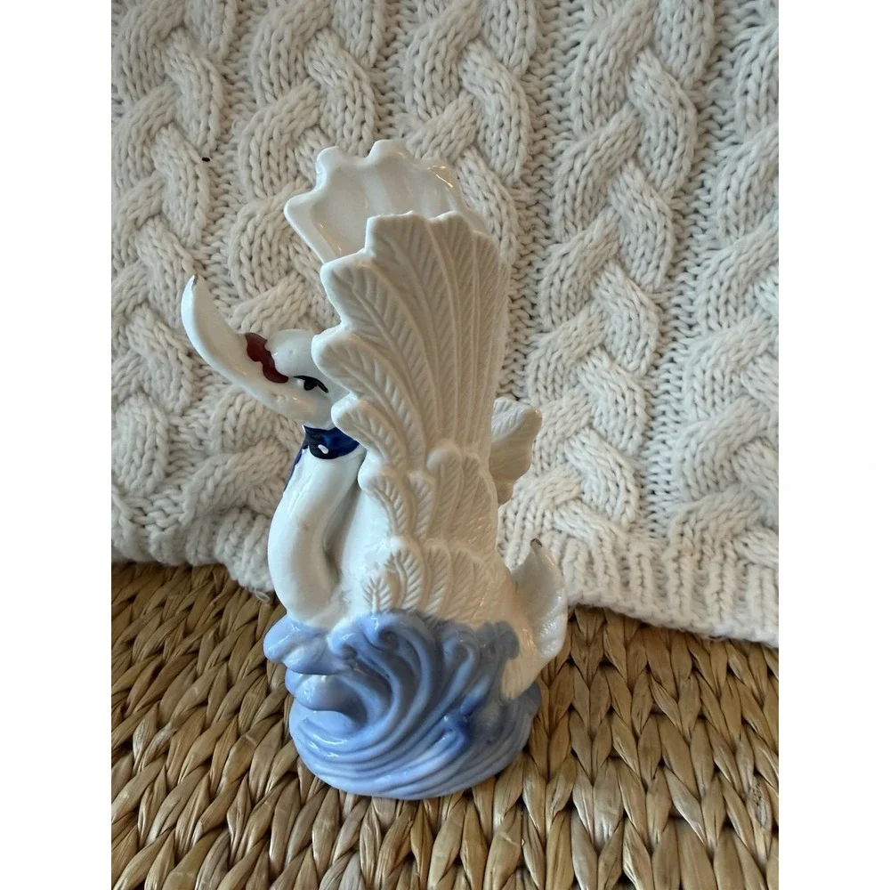 Vintage White Ceramic Swan Vase Country Cottagecore Polka Dot Bow Figurine